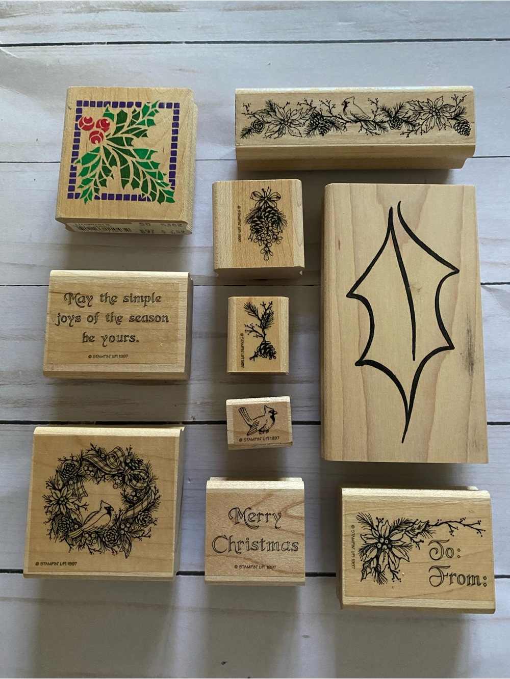 10 pc Lot Wood Mounted Rubber Stamps Christmas/Holiday Theme